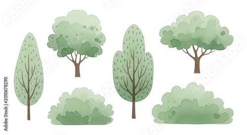 Green Watercolor Trees and Bushes Set Isolated on White