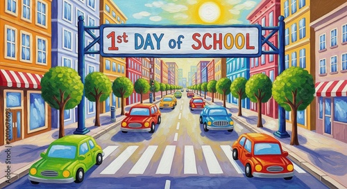 First Day of School Banner over Colorful City Street Painting