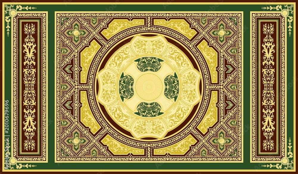 Fototapeta premium Luxury Royal Green and Maroon Architectural Panel with Central Baroque Medallion and Gilded Filigree