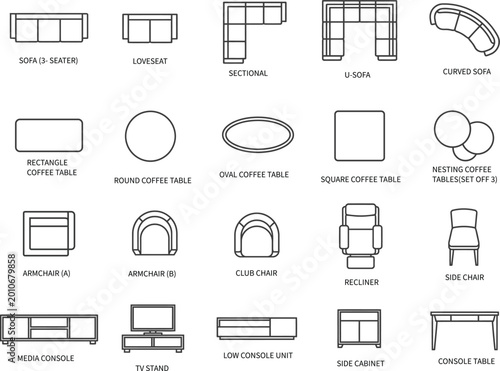 Architectural Furniture Symbols for Floor Plans: 2D Top View Vector Icons of Sofa Table Chair and Media Console. 