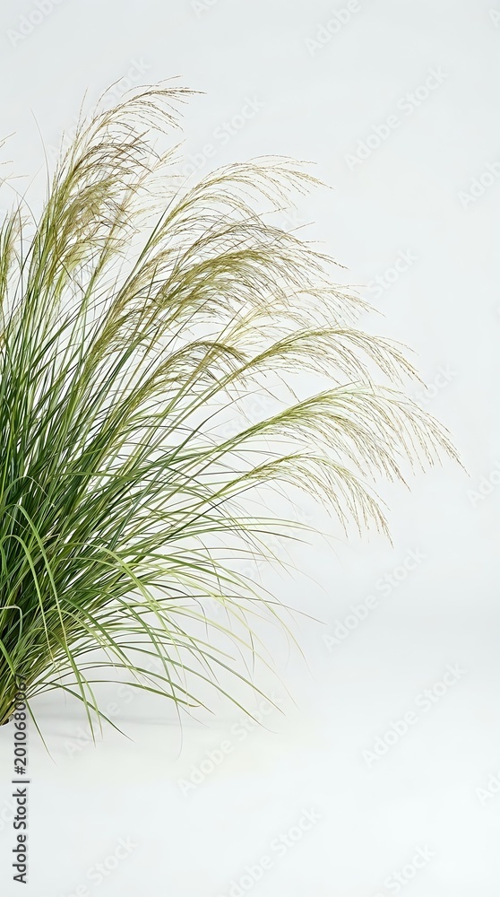Fototapeta premium Ornamental grass with flowing green blades swaying gracefully against neutral background for natural home decor and landscaping design projects.