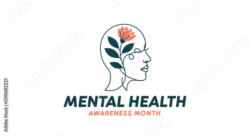 Photos Mental Health Awareness Month Line Art Design with Floral Head.