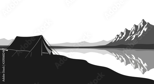 Schilderij op canvas A silhouette illustration of a camping tent pitched by a calm lake with mountains in the background