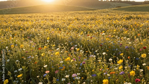 Wildflower meadow blooming on rolling hills at sunset golden light