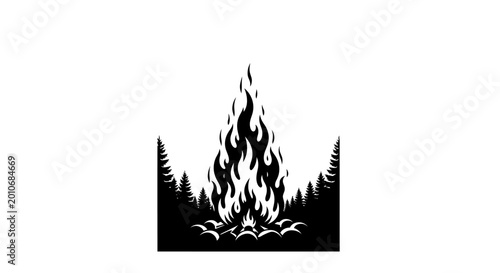 Bild auf Leinwand Minimalist black and white campfire graphic illustration with forest silhouette