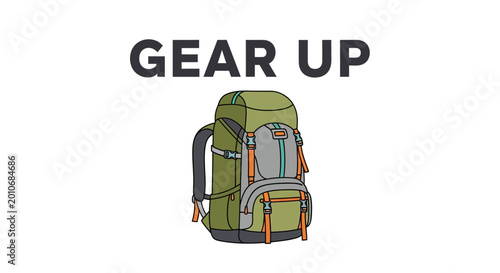 Photography Illustration of a green hiking backpack with Gear Up text.