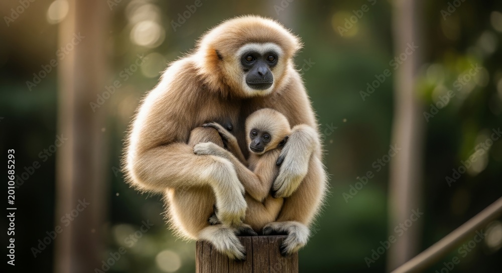 Fototapeta premium White-Handed Gibbon Mother Hugging Baby Lar Gibbon on Wooden Post, Tropical Wildlife Portrait