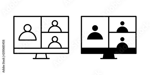 Video meeting icon in outline and solid style. Ideal for online conferencing, remote work, and communication apps on white background.