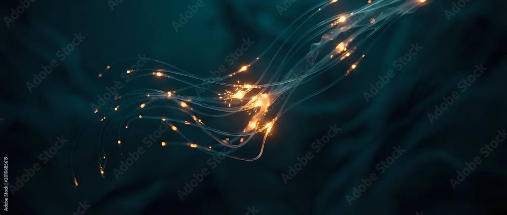 Fototapeta premium Abstract flowing light trails with golden sparks creating dynamic energy waves against dark teal background for digital art and motion graphics projects.