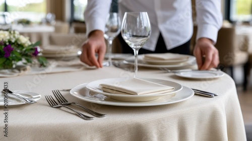 Waiter arranging elegant table setting with plates, cutlery, and wine glasses for a wedding reception in a fine dining restaurant