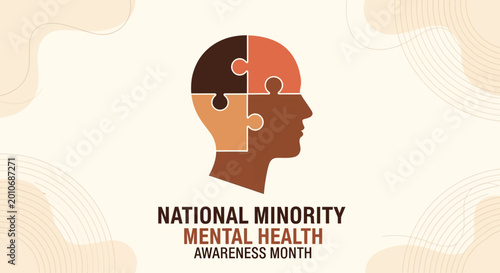 National Minority Mental Health Awareness Month graphic design featuring a stylized human head puzzle.