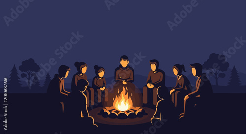 Group of people sitting around a warm campfire at night.