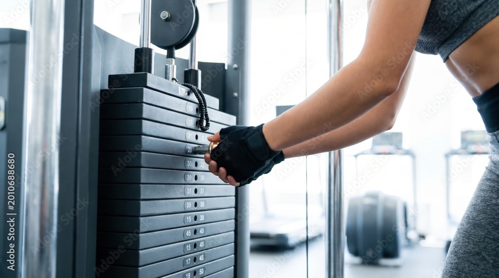 Naklejka premium Close up of a fit woman wearing lifting gloves adjusting the weight pin on a cable exercise machine in a modern gym