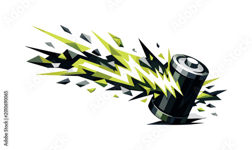 Exploding battery with abstract energy burst and geometric fragments