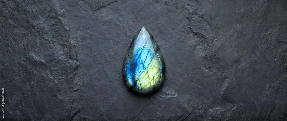 Naklejka premium Labradorite gemstone with blue and green flash on dark textured slate surface. Natural mineral specimen displaying iridescent colors for jewelry design.