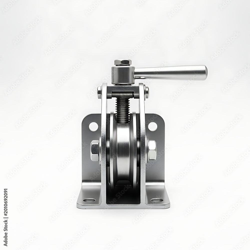 Fototapeta premium Metal pulley with lever mechanism on a white background