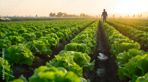 A farmer is demonstrating sustainable farming practices while walking in a vast agricultural field with rows of fresh green lettuce growing.