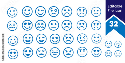 Tableau sur toile Emotion Icons, Blue Smiley Faces, Editable Vector Emoticons, 32 Emoticon Symbols