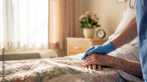 A medical professional wearing blue gloves holds the hand of an elderly patient in a hospice bed, providing compassionate palliative care and emotional support during end of life treatment.