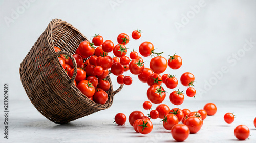 Fresh tomatoes spilling out of basket, red vegetables flying in air, isolated on light background