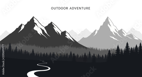 Bild auf Leinwand Minimalist mountain landscape illustration with winding river and pine forest