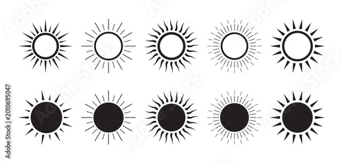 Set of black silhouettes of sun vector icons with multiple radial styles isolated on light background. Sun weather symbol collection. Vector icons of nature.
