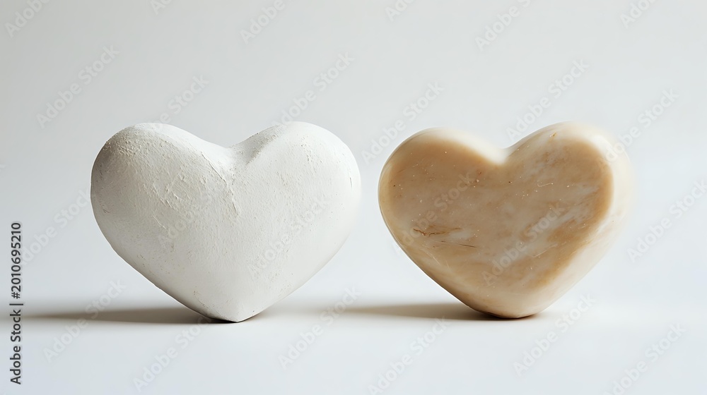 Fototapeta premium Two heart-shaped soap bars in white and beige colors on clean background for spa, wellness and skincare product photography.