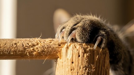 Close-up of cat paw with extended claws gripping wooden scratching post, showing natural feline behavior and pet care needs for indoor cats.