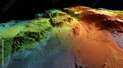Aerial LiDAR terrain model showing land topography and digital point cloud mapping. 