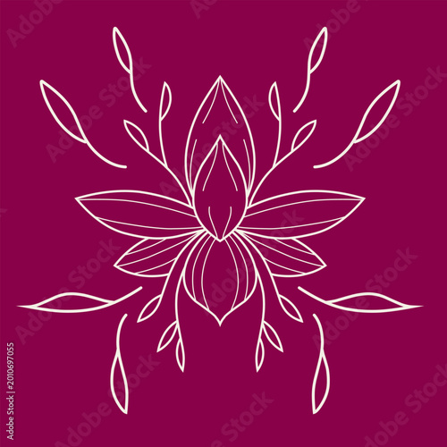 Minimalist White Lotus Line Art Illustration on Magenta Background
