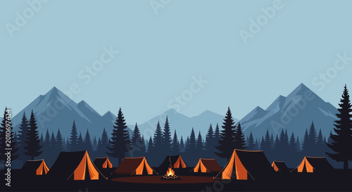 Tableau sur toile A scenic illustration of a mountain campsite with multiple glowing tents and a campfire at dusk