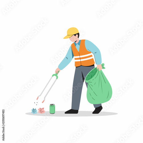 Man Collecting Trash with Litter Picker and Green Bag for Environmental Awareness, Community Cleanup Events, Spring Campaigns, and Eco-Friendly Initiatives