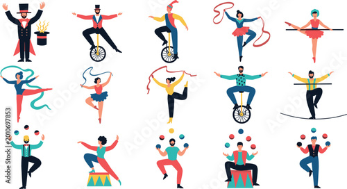 Cuadro en lienzo Cartoon Style Illustration of Circus Performers, Jugglers, and Acrobats in Vario
