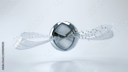 Minimalist 3D render of quantum supremacy featuring floating chrome and glass qubit sphere on a white background. Translucent binary code streams transform into molecular formulas under soft lighting