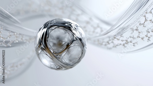 Minimalist 3D render of quantum supremacy featuring floating chrome and glass qubit sphere on a white background. Translucent binary code streams transform into molecular formulas under soft lighting