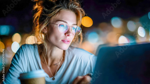 A woman studies online at night on a laptop and drinks coffee from a plastic cup, a concentrated adult student wearing glasses with a backlit screen
