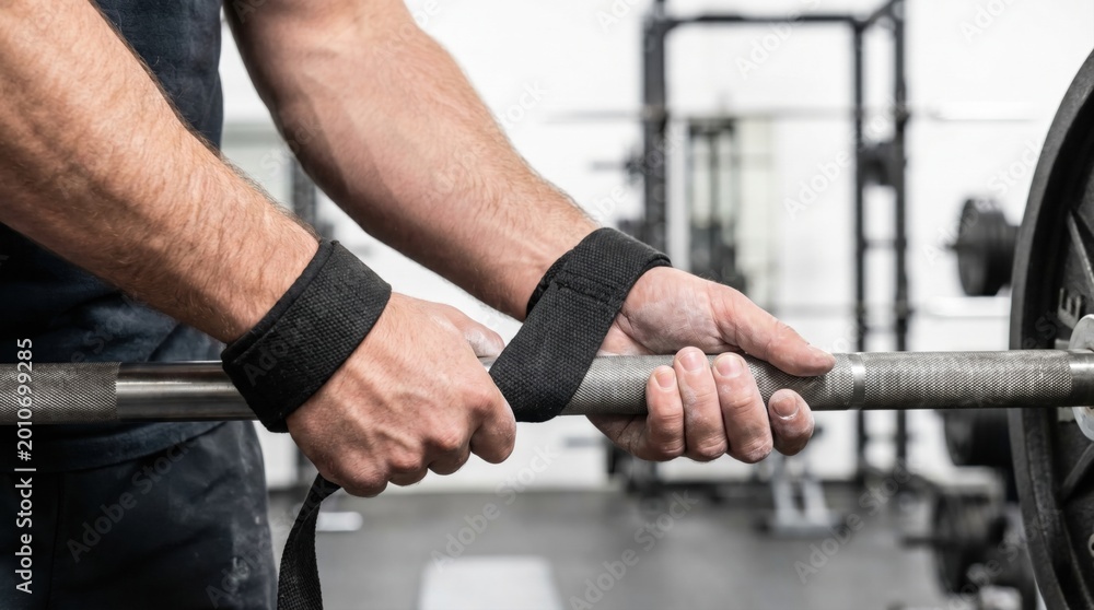 Naklejka premium Close up of weightlifter hands wrapping black lifting straps tightly around heavy metal barbell