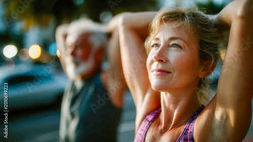 Senior couple doing light stretching outdoors with calm smiles and healthy active lifestyle concept