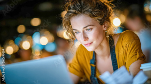 Small business owner working on laptop in cozy cafe with focused modern entrepreneur mood