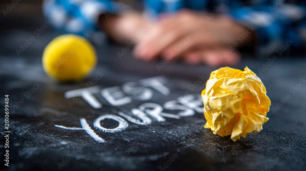 Fototapeta premium Chalkboard with “Test Yourself” message and crumpled yellow paper balls, education and self assessment concept