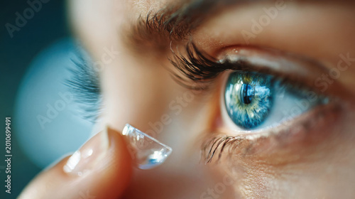 Blue eye close-up with contact lens application in precise vision care concept