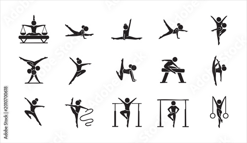 Schilderij op canvas Gymnastics icons set with stick figures performing various athletic movements on balance apparatus