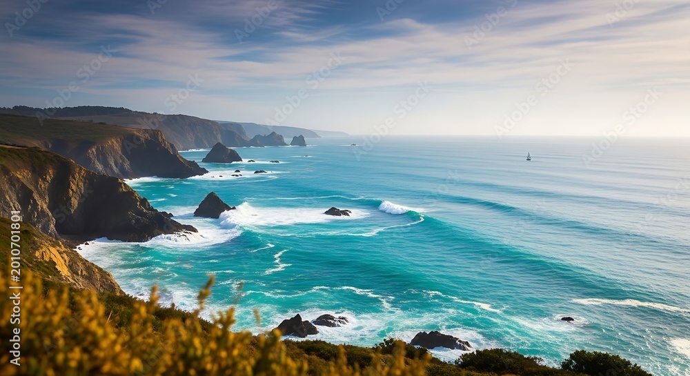 Fototapeta premium Dramatic coastal cliffs overlooking turquoise waters and rocky outcrops at sunset