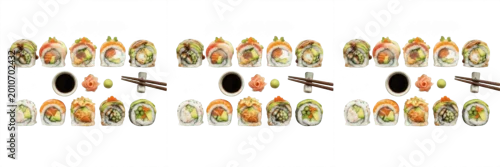 Obraz  z motywem Premium Japanese Sushi Set Assortment Isolated on Transparent Background Seafood Restaurant Menu Culinary PNG.