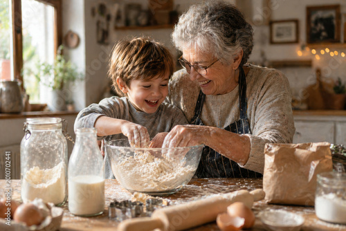 Nonna e nipote felici impastano insieme in una cucina rustica e accogliente. Generative AI 