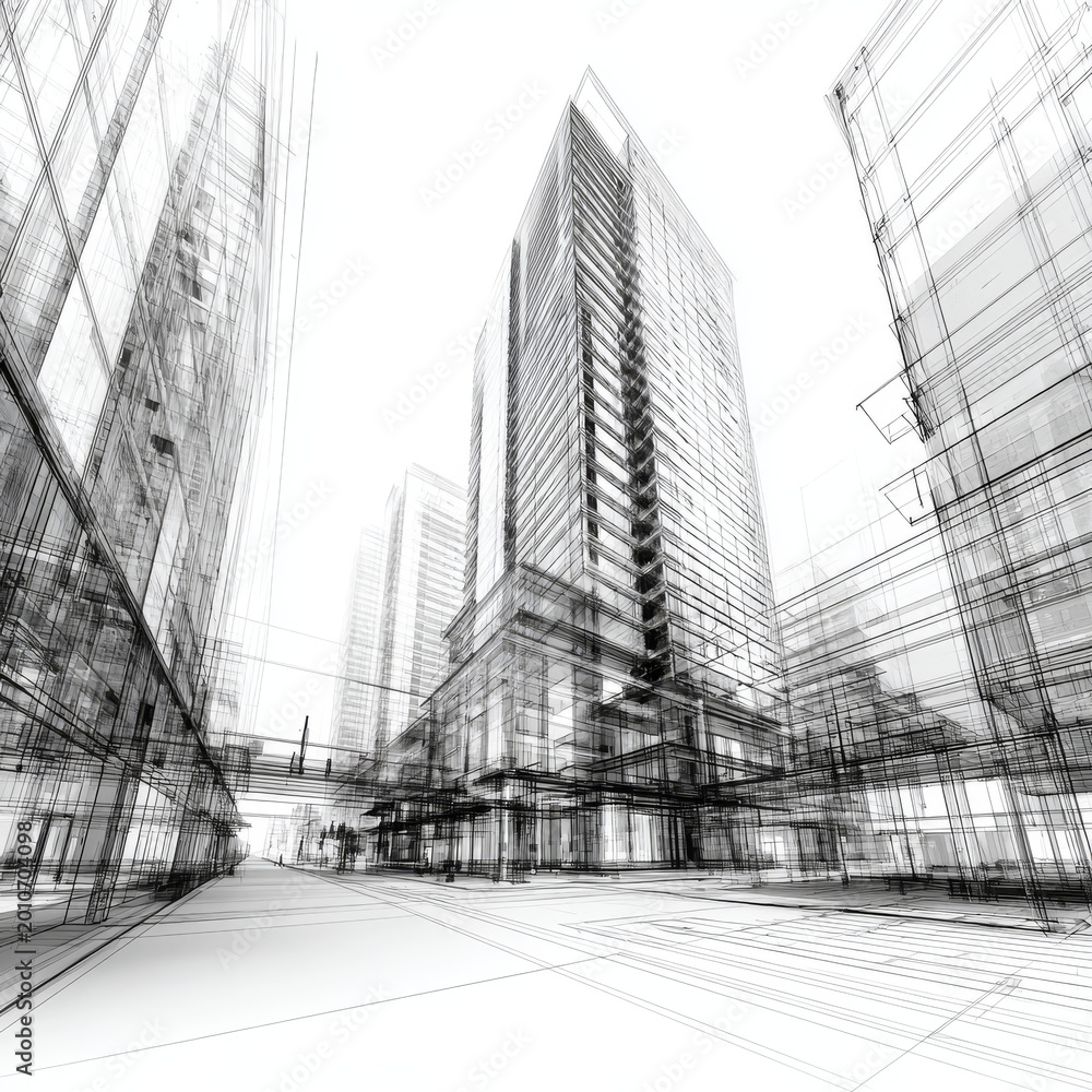 Fototapeta premium 3D illustration modern architecture urban. Architecture building construction perspective line drawing design abstract background.