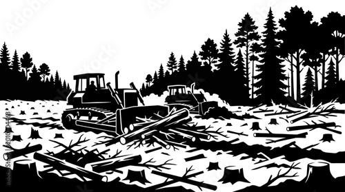 Cuadro en lienzo Black and white illustration of bulldozers clearing a forest area