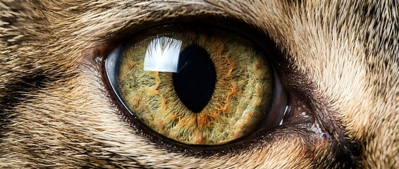 Close-up macro shot of cat eye with golden amber iris and black pupil surrounded by detailed fur texture for pet photography and animal portraits.
