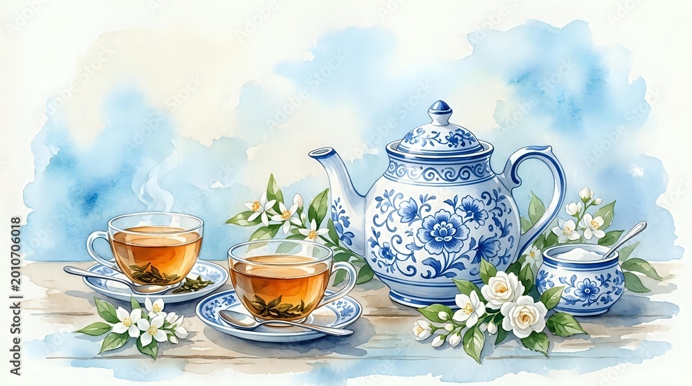 Fototapeta premium Watercolor tea set with blue and white porcelain teapot, cups of hot tea, and jasmine flowers on a soft blue background.