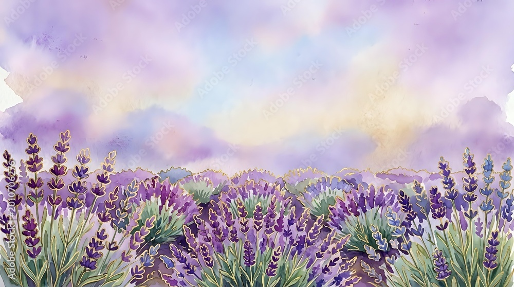 Obraz premium Watercolor lavender field with purple flowers blooming under soft pastel sky. Botanical illustration for aromatherapy, wellness and natural beauty concepts.